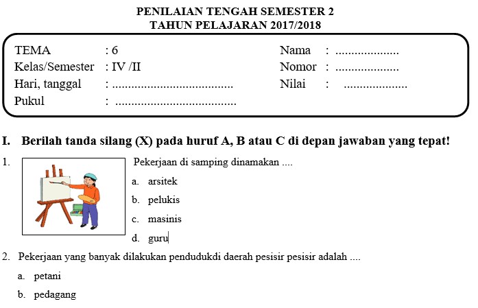 Soal Pts Kelas 4 Semester 2 Kurikulum 2013 Revisi 2017 Azafah78