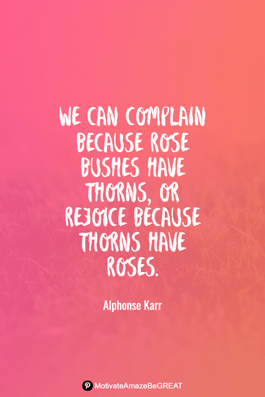 "We can complain because rose bushes have thorns, or rejoice because thorns have roses." - Alphonse Karr Positive Mindset Quotes And Motivational Words For Bad Times: "We can complain because rose bushes have thorns, or rejoice because thorns have roses." - Alphonse Karr