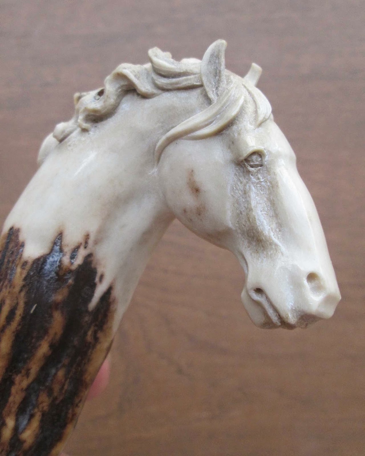 Hand Carved Horse Head Handle in Antler - Bone Pendants | Bone Carving