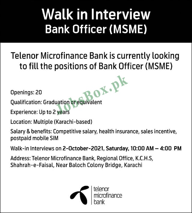 Telenor Microfinance Bank Jobs 2021 – Bank Officer Jobs