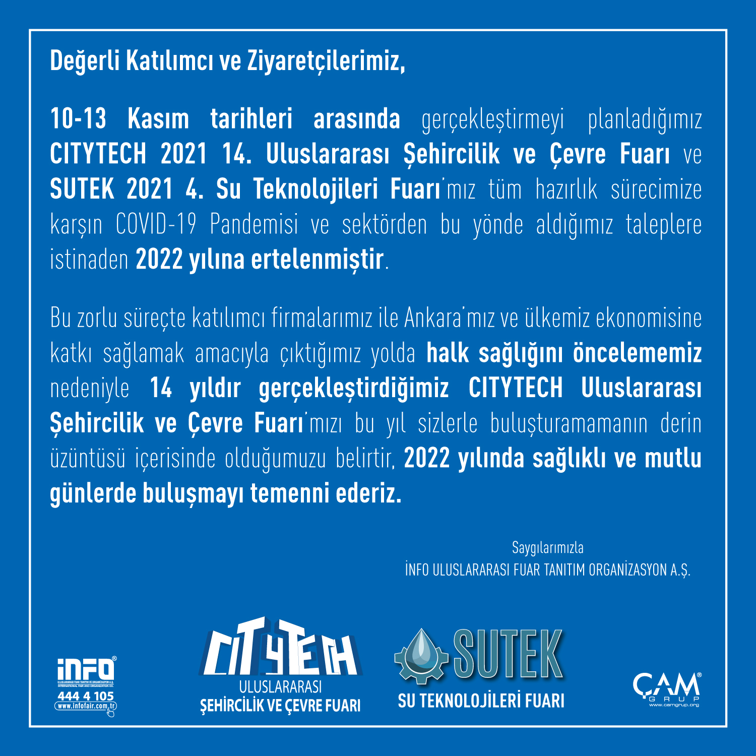 İnfo Fuarcılık Basın Açıklaması: CityTech ve SuTek 2022 Yılına Ertelendi