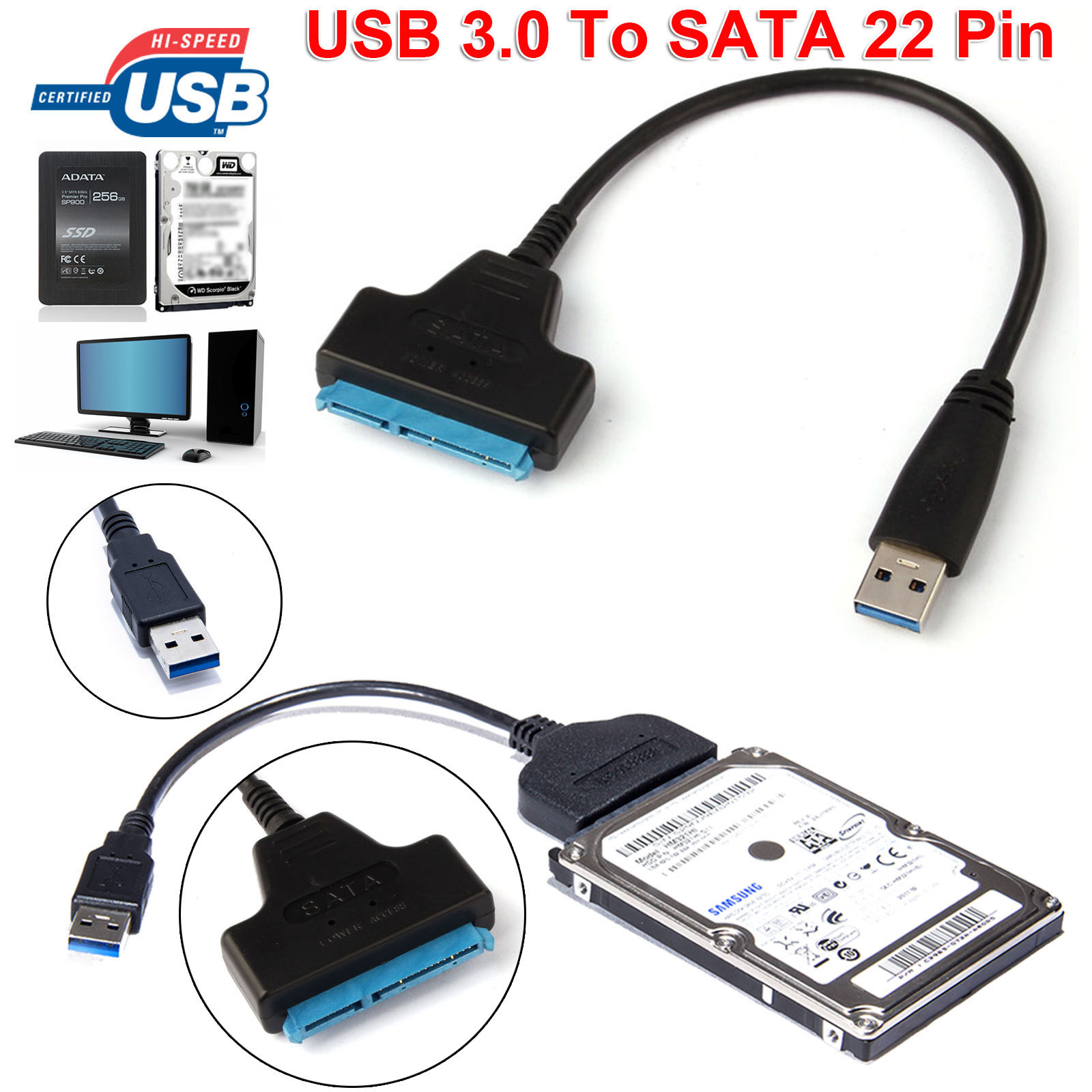 Cable USB 3.0 a SATA 22 Pin 2.5" pulgadas Adaptador de Disco Duro SSD