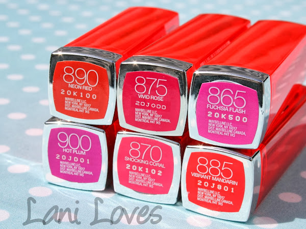 Maybelline Colorsensational Vivids - Fuchsia Flash, Vivid Rose, Neon Red, Hot Plum, Shocking Coral & Vibrant Mandarin Swatches & Review