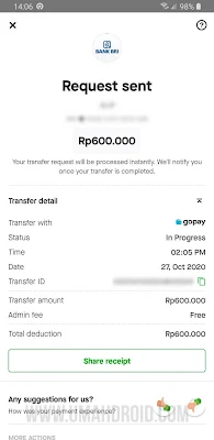 Transfer GoPay ke Rekening Bank Sukses