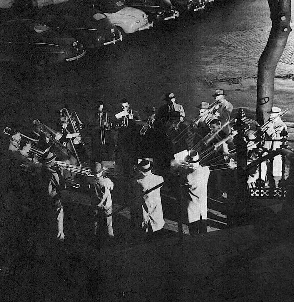 1957 trombone circle a 1957 photograph of a ring of trombone players at night