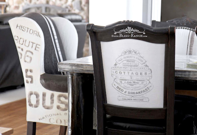 Stenciled Subway Art Dining Chairs w/ Old Sign Stencils, Bliss-Ranch.com