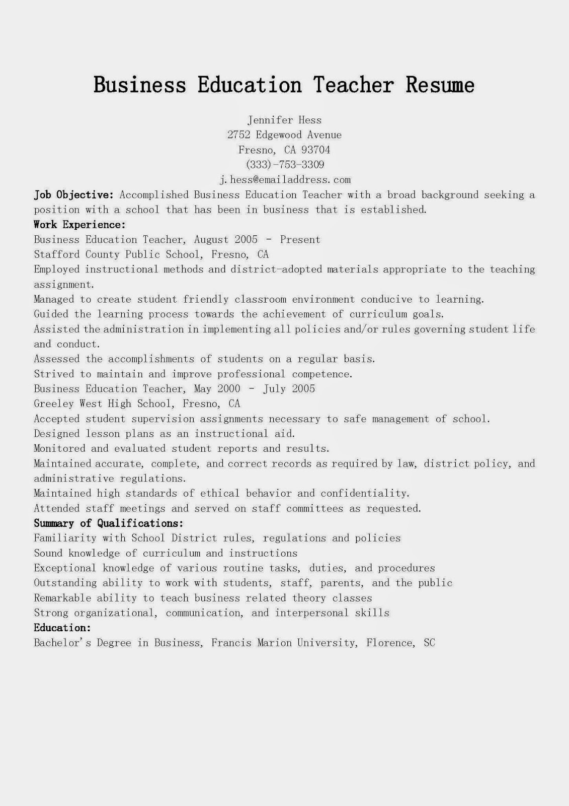 business education resume examples