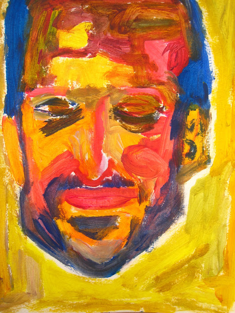 Pintura que muestra una cara naranja de hombre joven hambriento, por EmeBeZeta