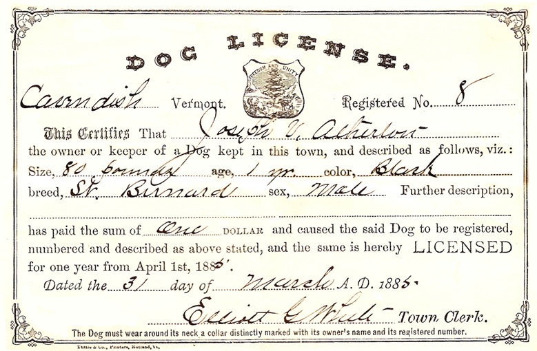 Cavendish Historical Society News Atherton Dog License
