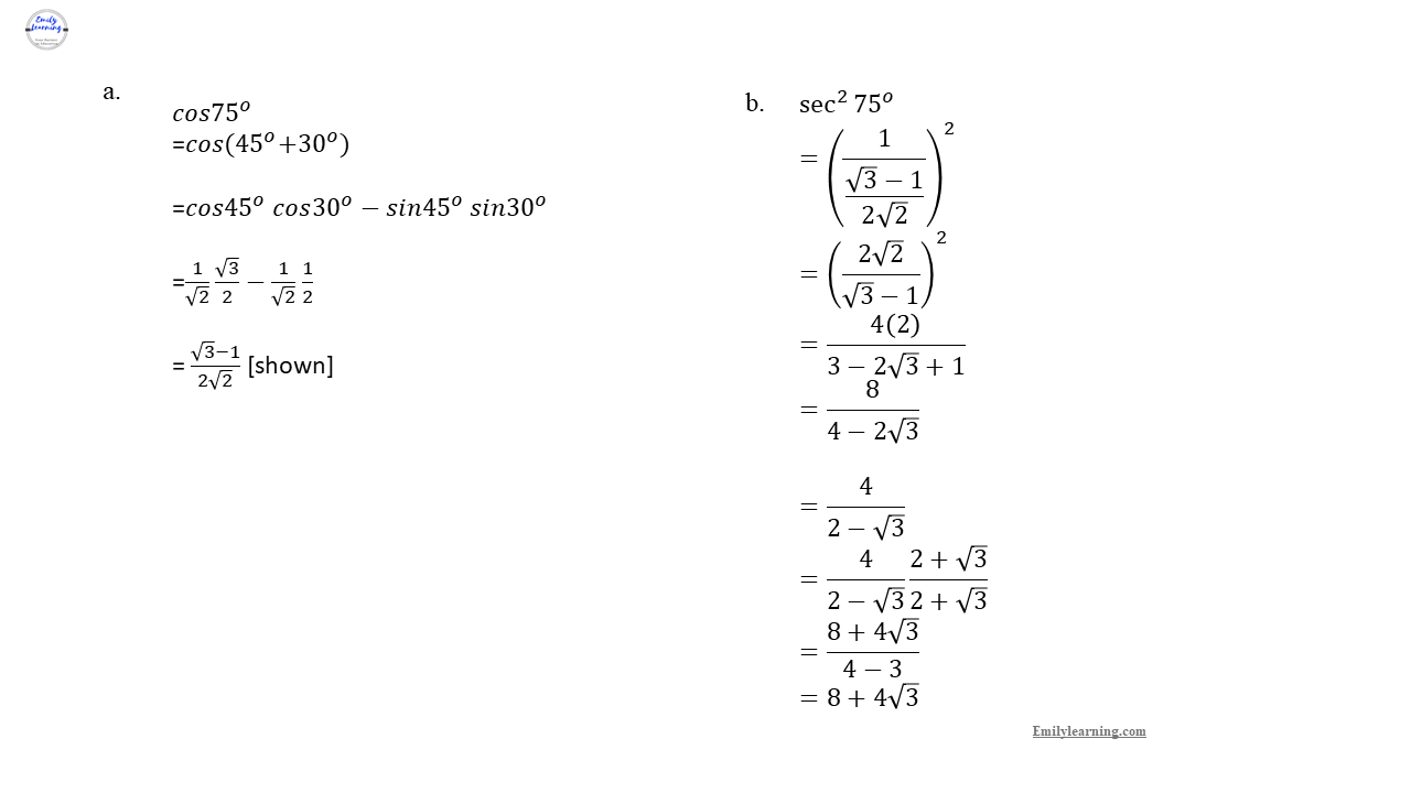 Add Math Specimen Paper 1 Question 8 on trigonometry (special angles) and surds
