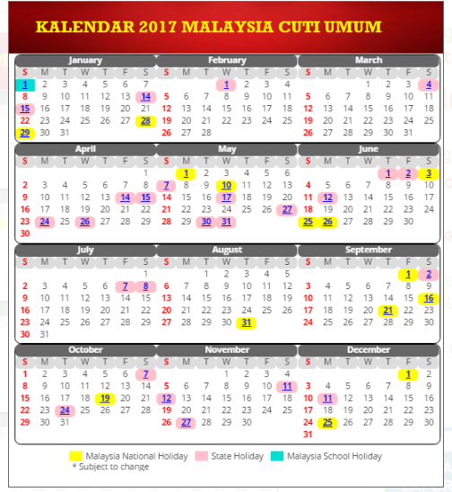 Kalendar Cuti Umum dan Cuti Sekolah 2017
