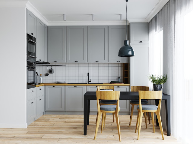 Grey and white L shaped kitchen