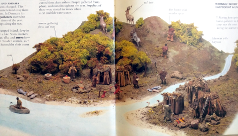 This page of stone age people shows a hunter gatherer camp with various activities going on.