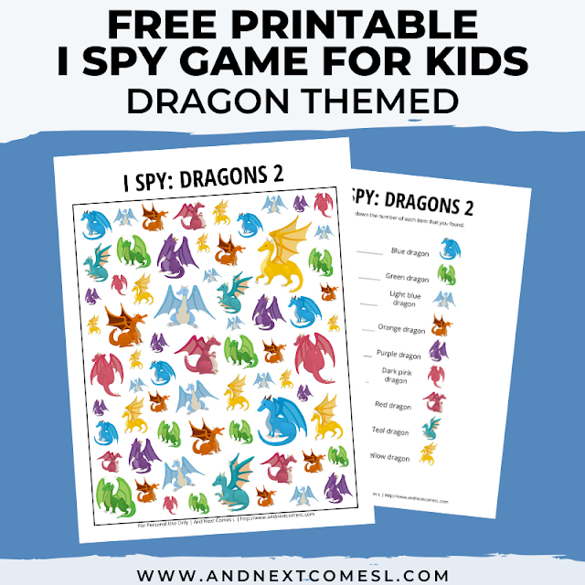 Free I spy game printable for kids: dragon themed