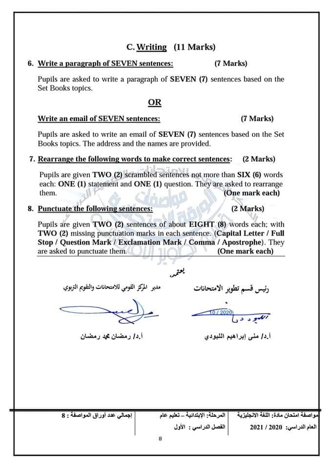 مواصفات الورقه الامتحانية لجميع المواد "علوم - رياضيات - دراسات اجتماعية - لغة عربية - انجليزى" للعام الدراسى 2020 / 2021 FB_IMG_1608305767974