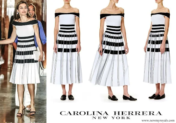 Queen Letizia wore Carolina Herrera Striped Off-The-Shoulder Knit Dress
