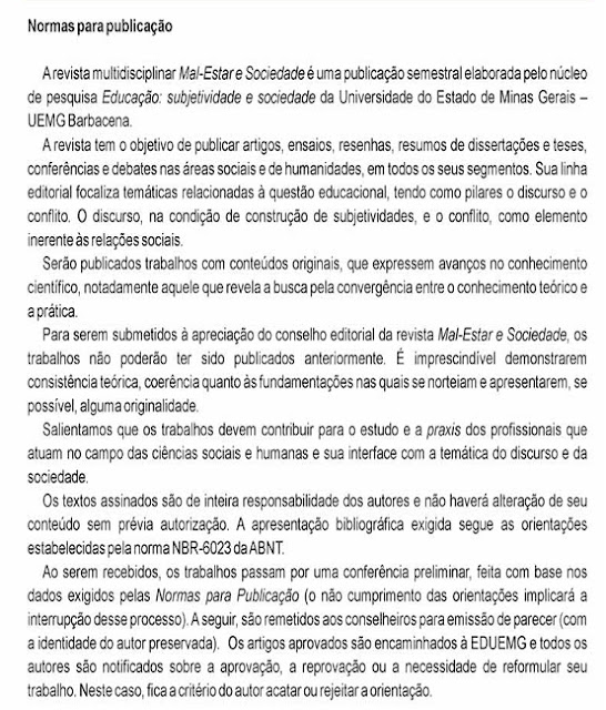 Chamada de artigo : Revista Mal-Estar e Sociedade 9 1