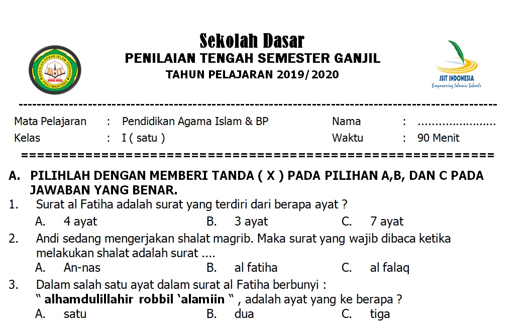 Terlengkap KISIKISI dan SOAL PTS PAI Semester 1 Kelas 16 SD/MI