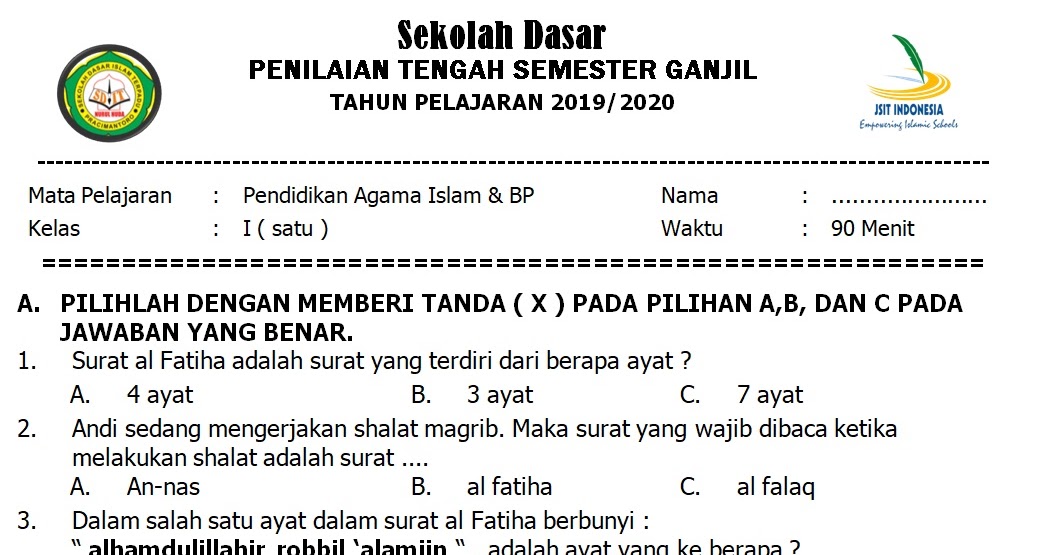 Terlengkap KISIKISI dan SOAL PTS PAI Semester 1 Kelas 16 Terlengkap KISIKISI dan SOAL PTS PAI Semester 1 Kelas 16