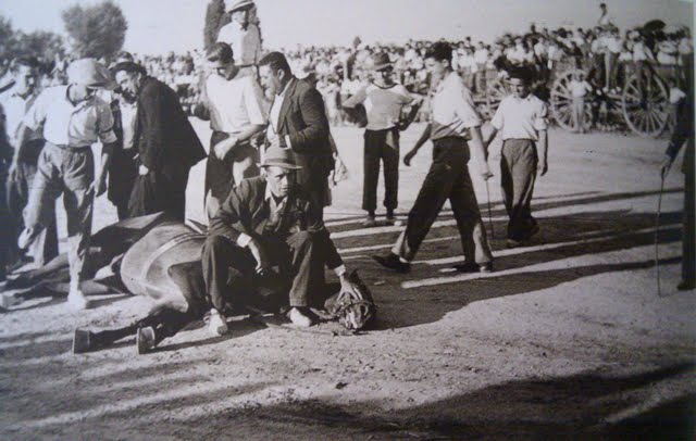 Caballo herido durante el encierro leganes_bn_V_Abuelohara_años40_toros_campo_futbol