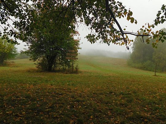 Trawiaste murawy Wołtuszowej nikną we mgle.