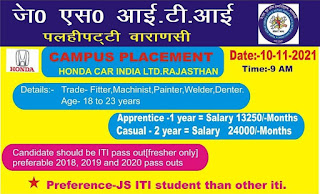 Honda Car India Ltd ITI Recruitment 2021-22 | ITI Campus Placement Drive  at JS ITI Palahi Patti, Varanasi, Uttar Pradesh