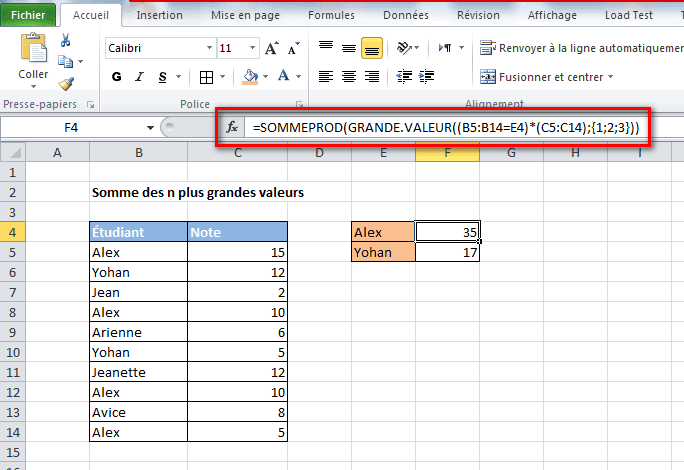 Somme des n plus grandes valeurs avec condition
