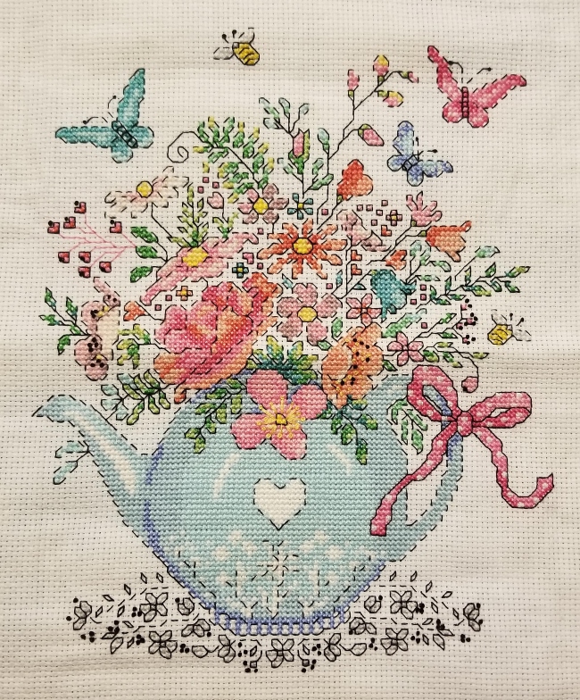 Completed Cross Stitch Blooming Teapot A Stitch of Blissfulness