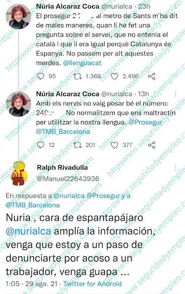 Una mujer crítica en Twitter a un vigilante por no hablar en Catalán 