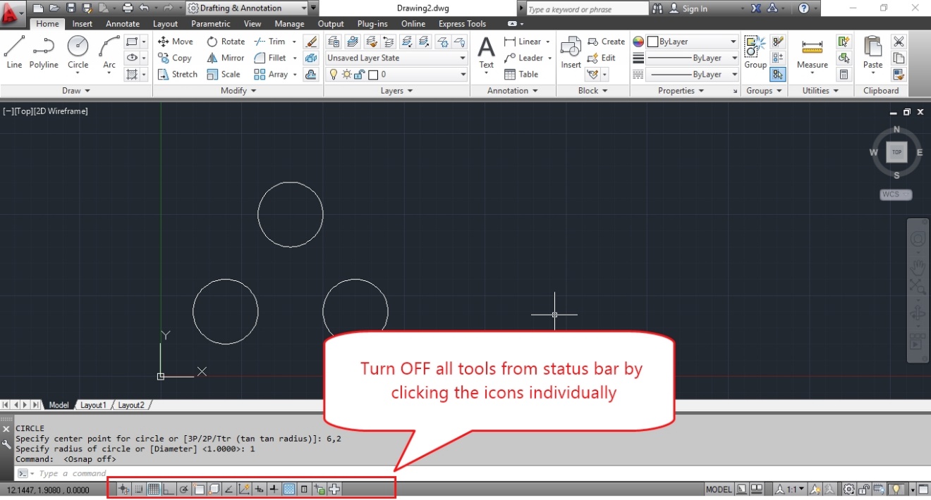 Step by step procedure to use center and quadrant snaps in AutoCAD