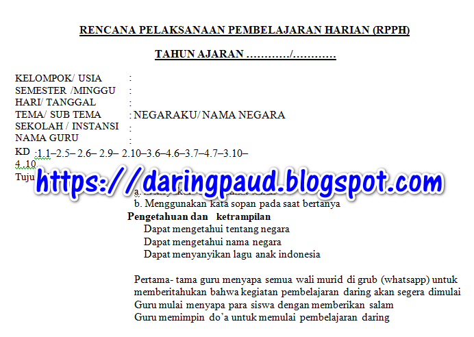 Contoh Rpph Paud Daring Semester 2 Tema Negaraku Daring Paud