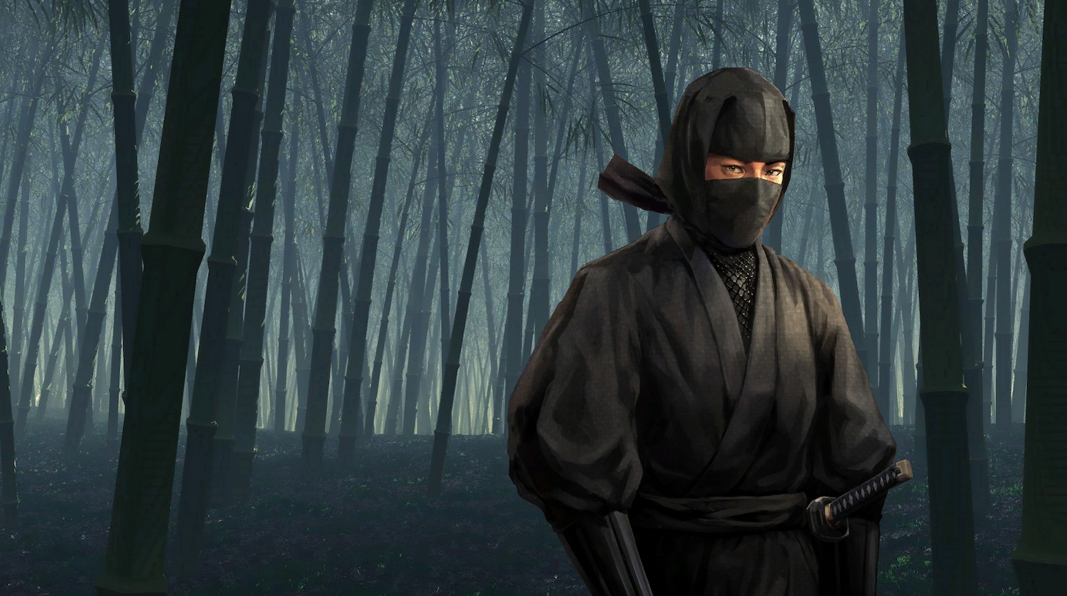 It's dark and with a cliché ninja standing in a bamboo forest. 