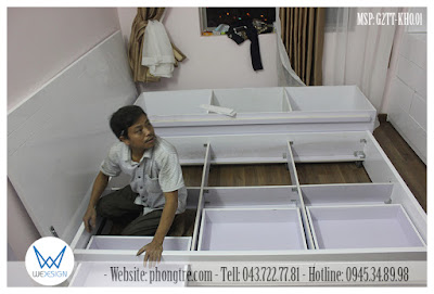 Giường tầng thấp G2TT-KHO.01 có kích thước 1m8 có tủ kho và 3 ngăn kéo màu trắng