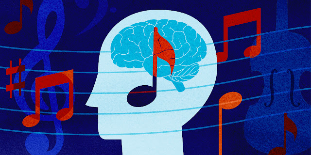 A graphic of a human head, music notes, and a brain