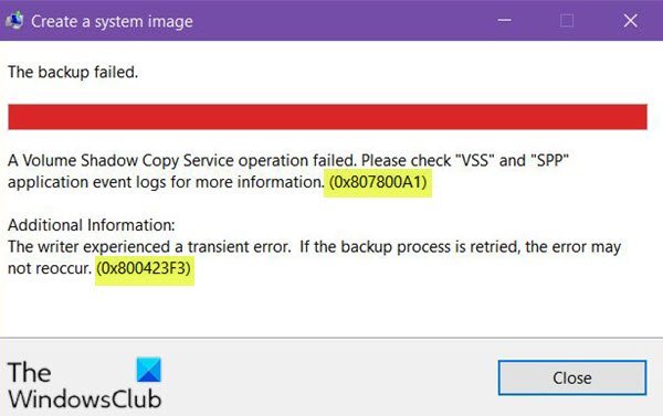 Error de copia de seguridad de la imagen del sistema 0x807800A1 y 0x800423F3