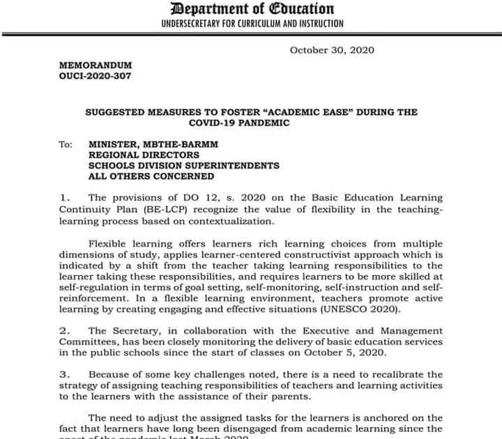 MEMORANDUM OUCI-2020-307 SUGGESTED MEASURES TO FOSTER &quot;ACADEMIC EASE