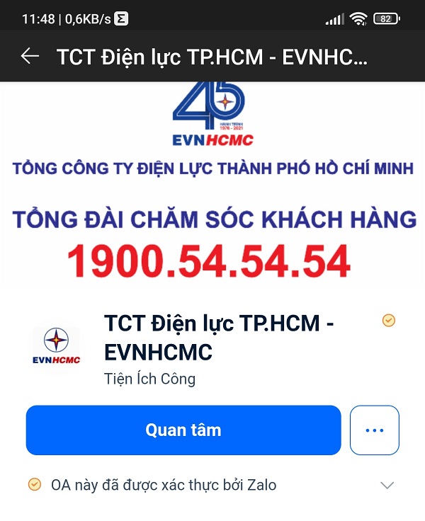 Cách báo mất điện qua Zalo TCT Điện Lực TPHCM.