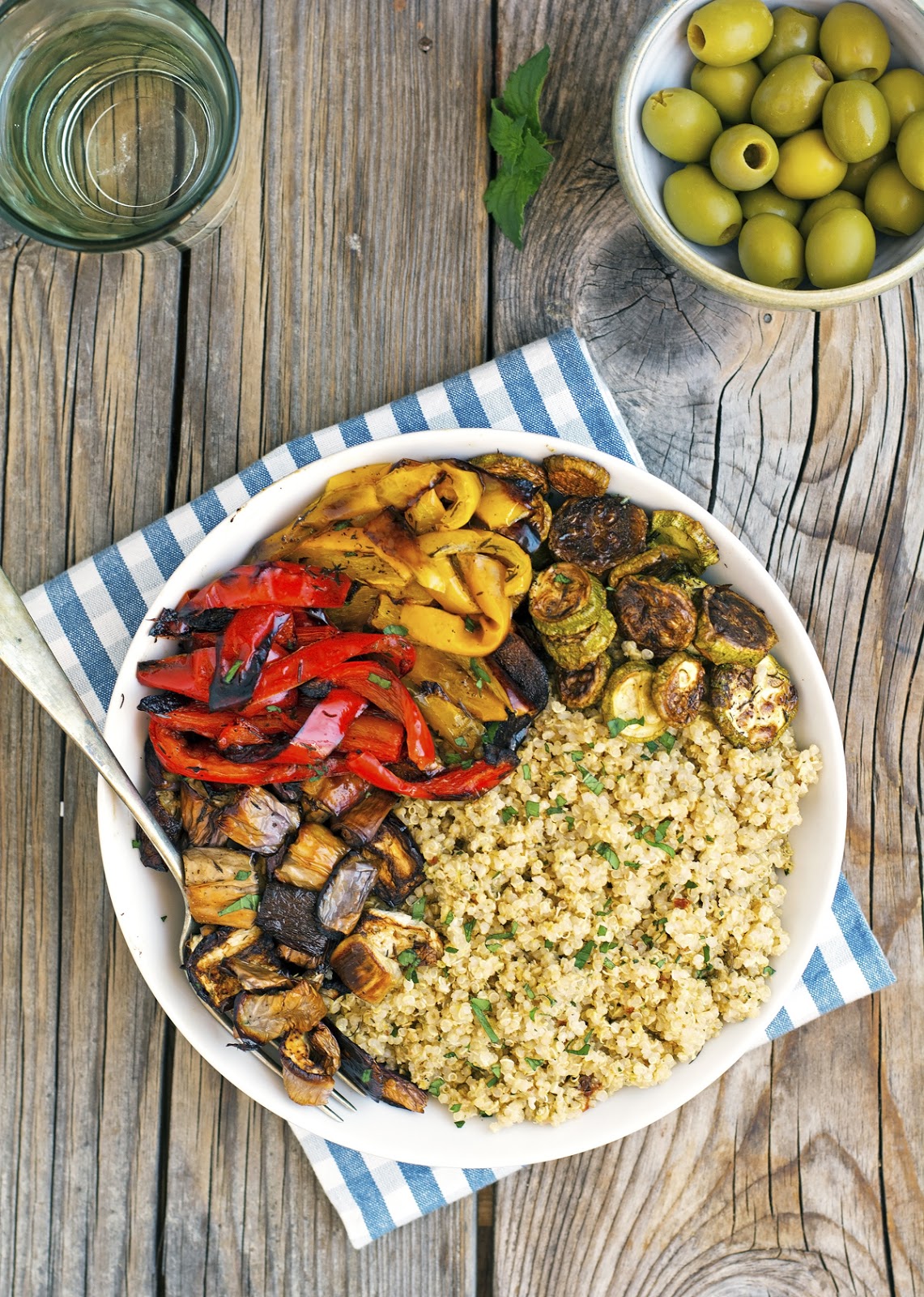 Quinoa with Roasted Vegetables and Olive-Mint Pesto