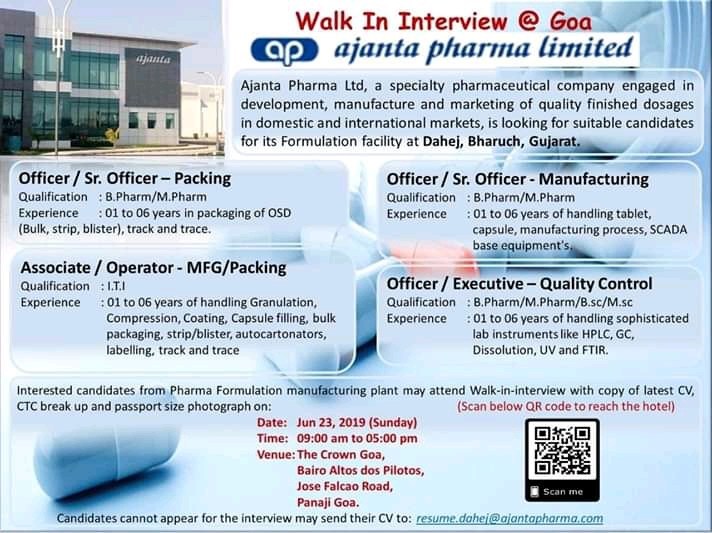 Ajanta Pharma Limited For Multiple Positions Opening Walk In Interview On 23th June 2019 Pharma Job Finder