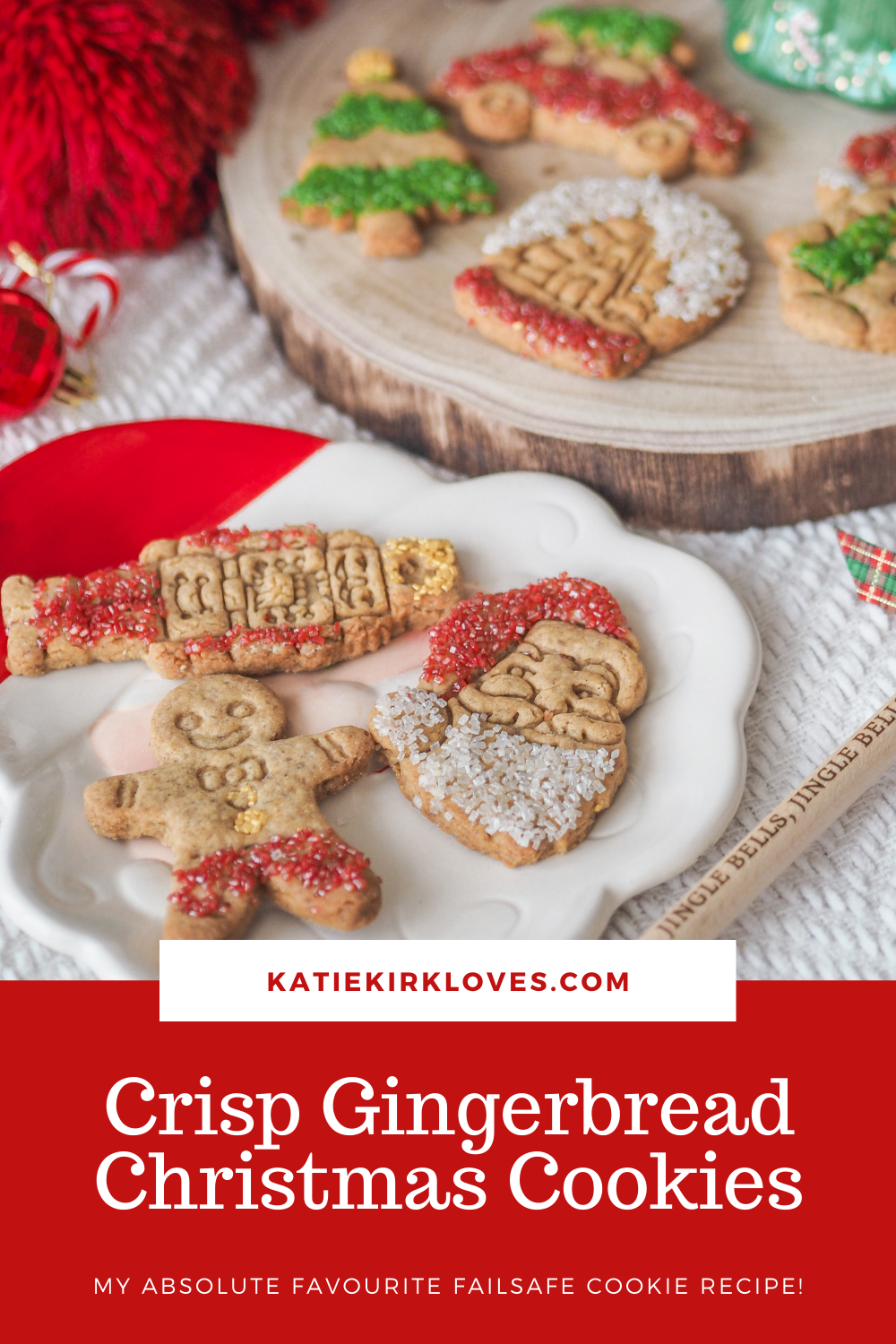 Pin it! Crisp Gingerbread Christmas Cookies, Food Blogger, Katie Kirk Loves, UK Blogger, Christmas Recipe, Christmas Baking, Homemade Christmas Gifts, Home Baking, UK Baking Blog, UK Recipe, Christmas Cookies, Gingerbread Cookies