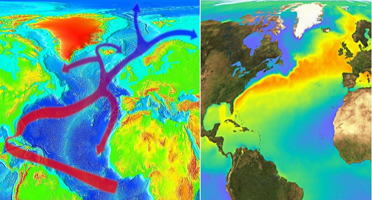 Теплое течение европы. Течения мирового океана Гольфстрим. Океаническое течение Гольфстрим. Гольфстрим на тепловой карте. Атлантика течение Гольфстрим.