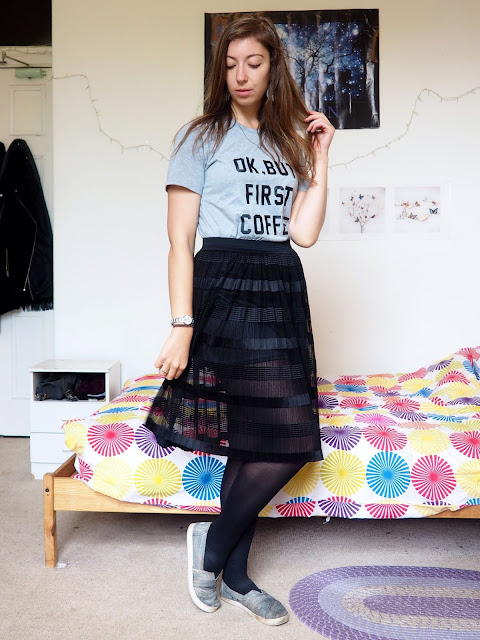 Outfit - 'Ok But First Coffee' grey print t-shirt, black floaty tulle skirt, black tights, grey Toms shoes