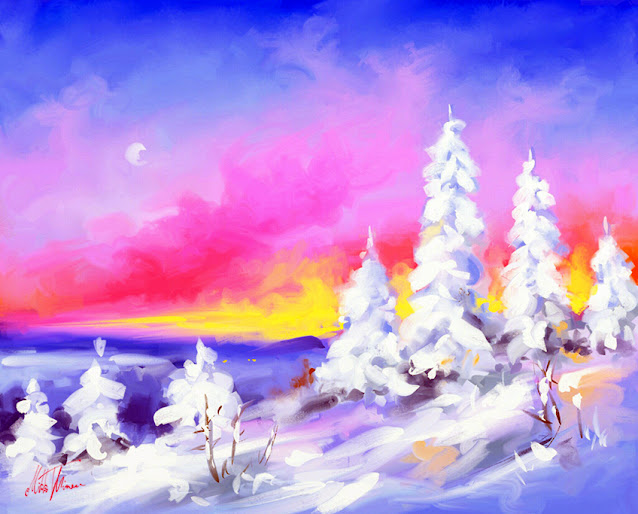 Frosty evening digital colorful landscape painting by Mikko Tyllinen