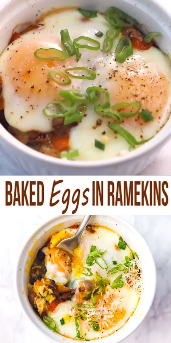 Baked Eggs In Ramekins With Mushrooms, Peppers And Green Onions Diet