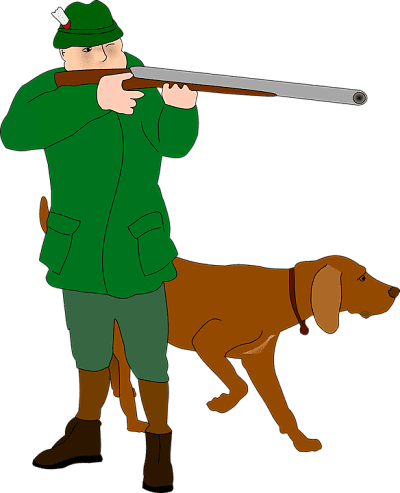 Abuso de recursos naturales. Caza indiscriminada. Ilustración de un cazador con su escopeta y su perro.