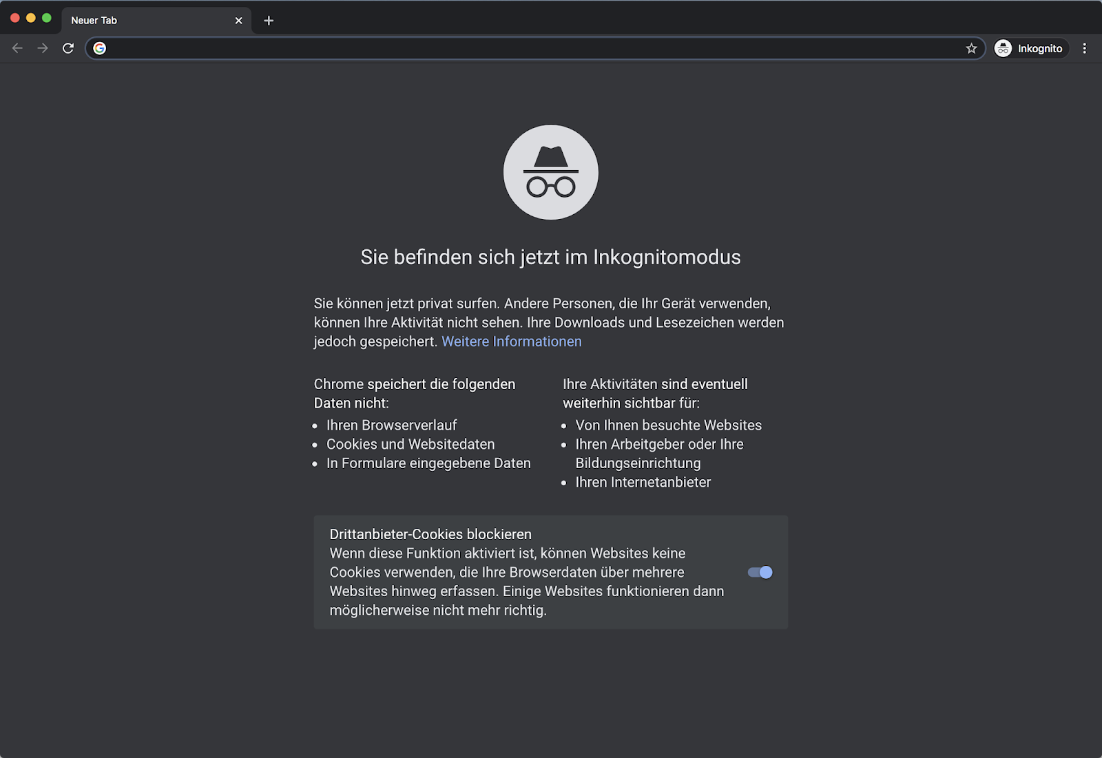 Screenshot eines Browser Fensters im Inkognito Modus