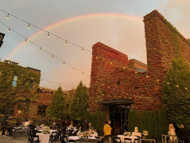 Rainbow and String Lights suspended above the courtyard at The Foundry