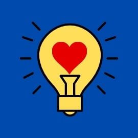 imagem quadrada, fundo azul escuro, no centro uma lâmpada amarela acesa, ao centro desta lâmpada, um coração vermelho.