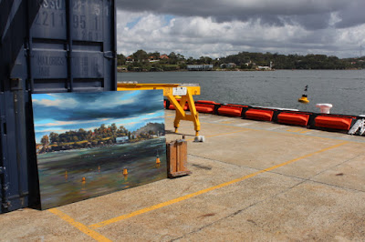 plein air oil painting of Goat Island from Moore's Wharf by artist Jane Bennett