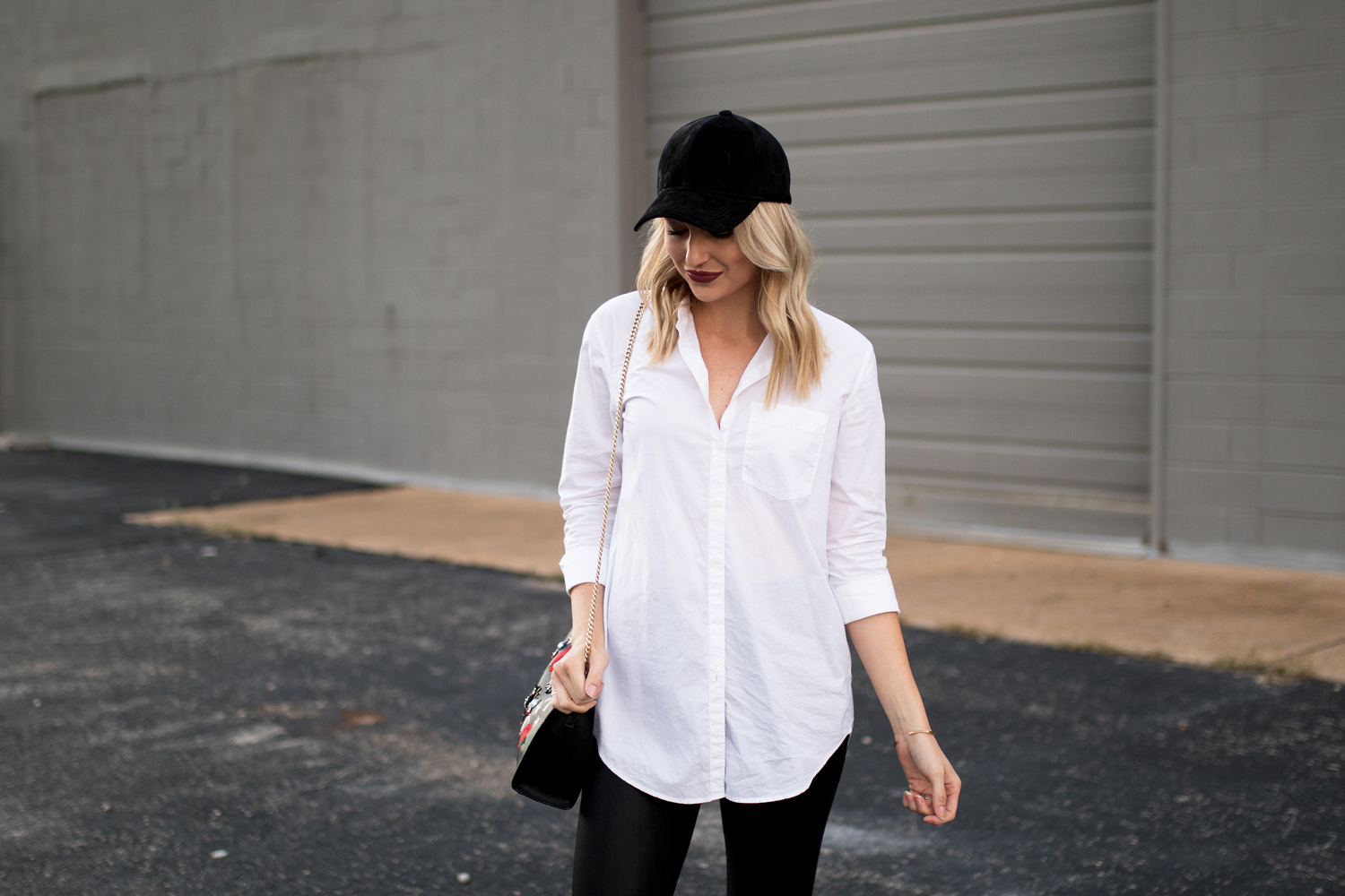 Long white button down with leather leggings